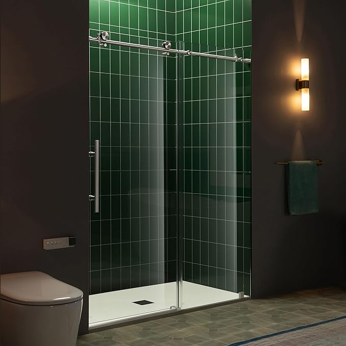 Woodbridge 57.5-60" W x 80" H Frameless Single Sliding Soft-Close Shower Door with Tempered Glass & Explosion Proof Film in Brushed Nickel Finish