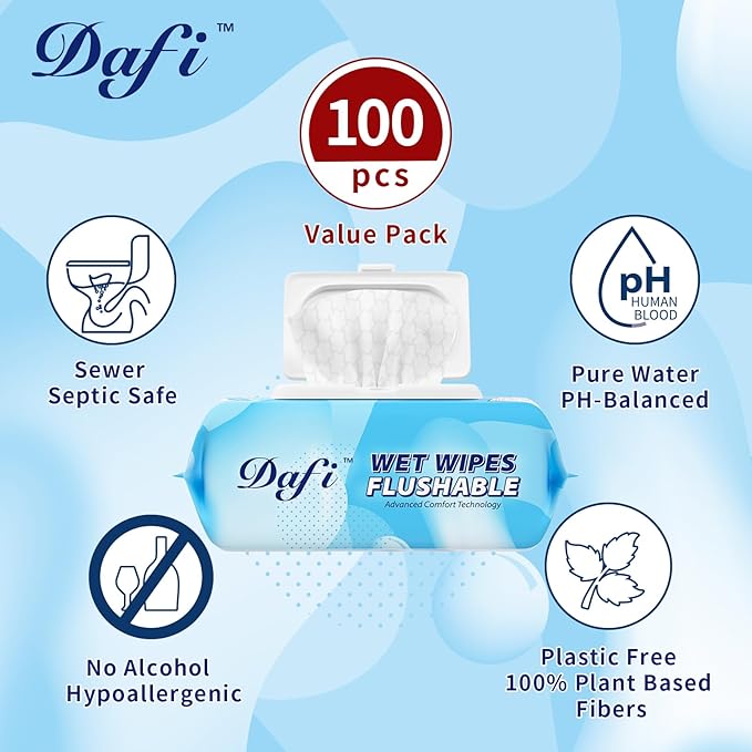 DAFI Flushable Wipes for Adult Wet Wipes, Total 600 Unscented Toilet Wipes Flushable, No Alcohol & 100% Plant Based Fibers, Septic and Sewer Safe Pack of 6