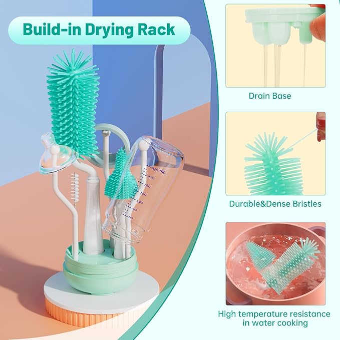 Bottle Brush Set,Travel Bottle Cleaner Kit with Baby Bottle Brush,UV Light,Straw Brush,Nipple Brush,Bottle Drying Rack for Home and Travel