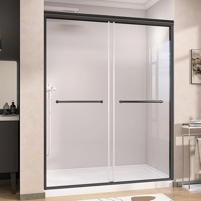 GETPRO Shower Door 56-60 in. W x 75 in. H Semi-Frameless Double Sliding Glass Shower Doors, Bypass Glass Door for Walk-in Shower with 5/16 inch Tempered Glass Matte Black