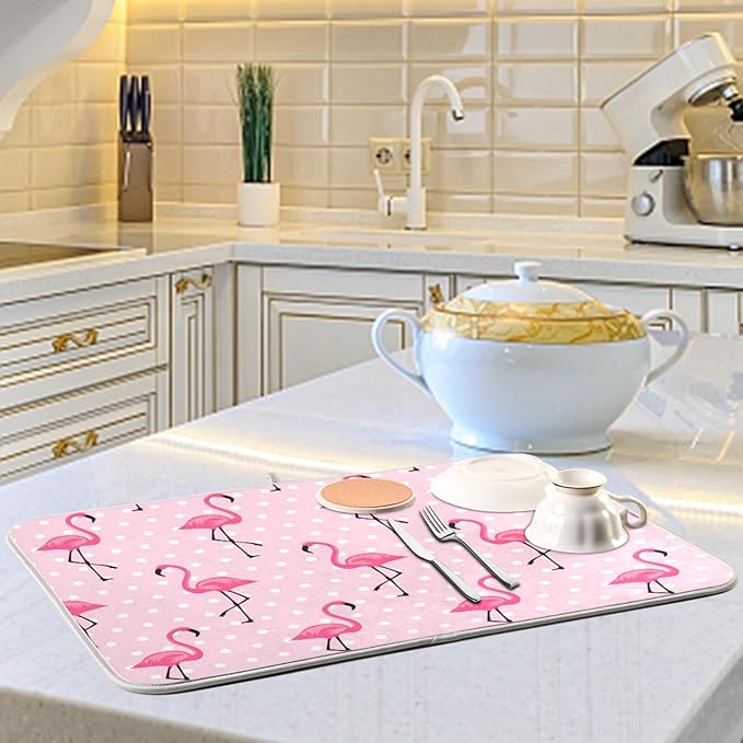 Tarity Cute Pink Flamingo Dish Drying Mat for Kitchen Counter Absorbent Heat Resistant Microfiber Dishes Drainer Mat 18x24 in Large Dish Pad Sink Mat Protective Pad Kitchen Decor