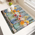 MCALK Floral Vases Dish Drying Mat for Kitchen Counter, Spring Wooden Dish Drying Pad with Anti-Slip Rubber Base, Absorbent Kitchen Sink Mat with Farmhouse Decor (1 pc 18" x 16")