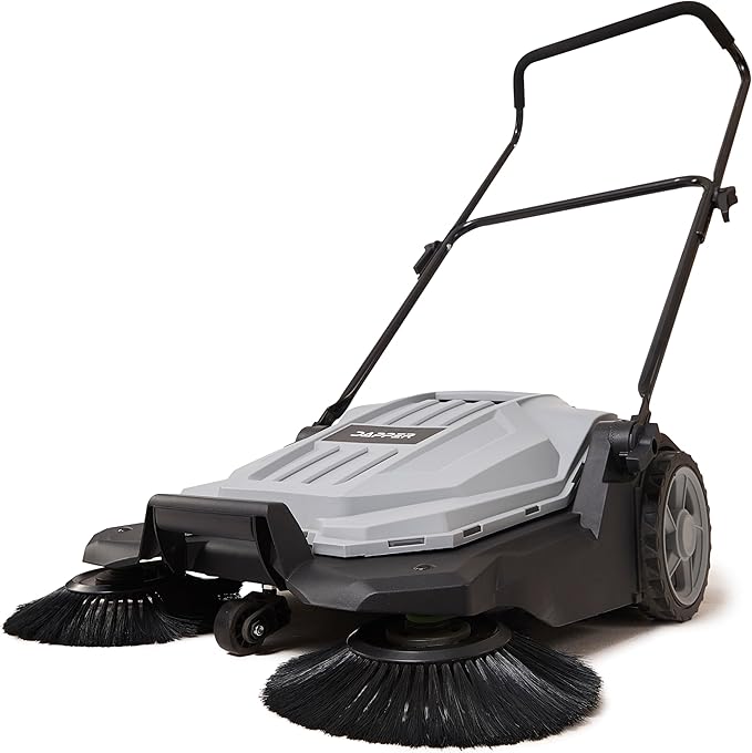 Walk-Behind Outdoor Hand Push Floor Sweeper - 5.25 Gallon Capacity - 25.5" Sweeping Width - Sweeps up to 27,900 ft/Hour, Grey