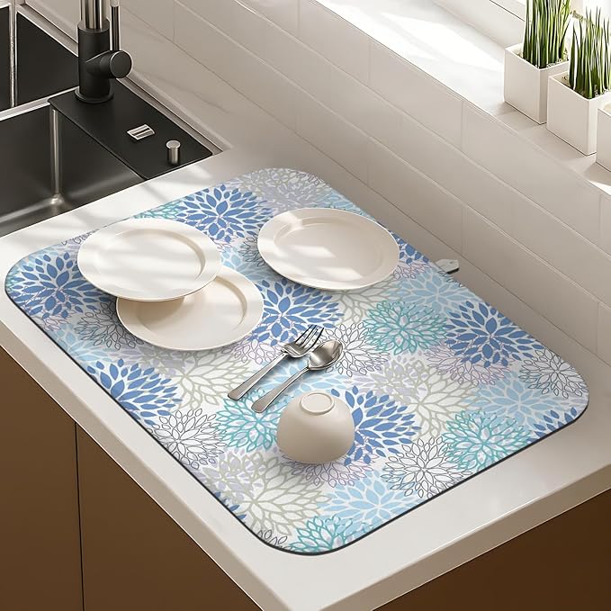 Dish Drying Mat Drainer Pads - Extra Large Microfiber Drying Mats for Dishes Kitchen Counter Super Absorbent Pads for Draining Racks (Blue,16"x18" )