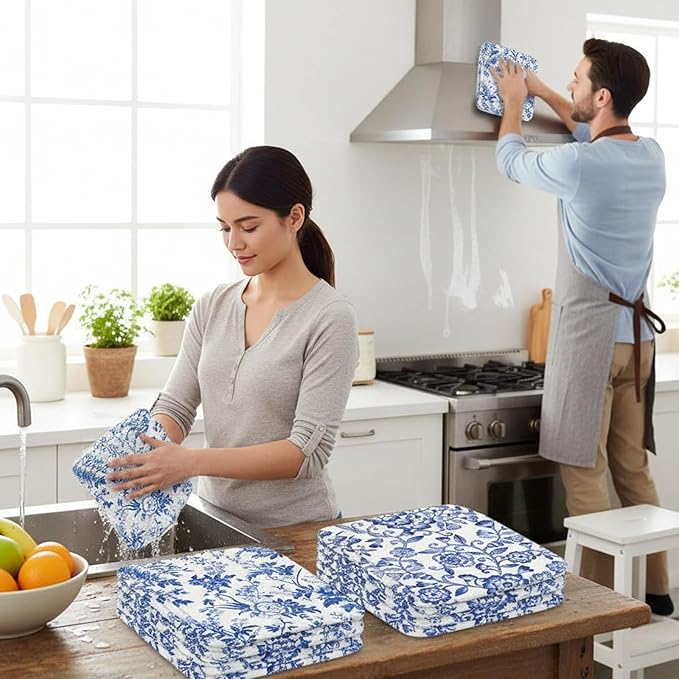 Tinlade 36 Pack Blue and White Floral Reusable Cleaning Cloths Washable Kitchen Towels Bulk Absorbent Cotton Dish Towels for Home Kitchen Cleaning Supplies