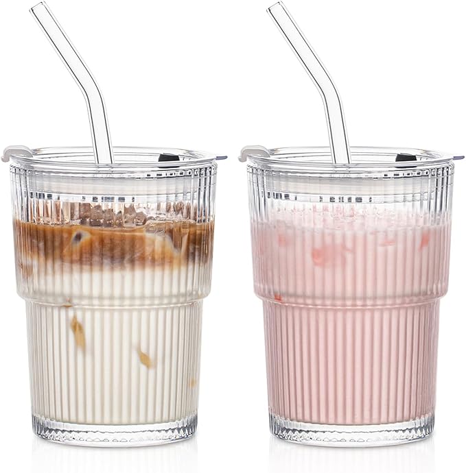 13oz Glass Tumblers with Lids and Straws, Set of 2 - Stylish Ribbed Design Drinking Glasses for Iced Coffee, Juice, Smoothies, Cold Beverages, Includes Cleaning Brush, Durable Glassware