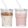 13oz Glass Tumblers with Lids and Straws, Set of 2 - Stylish Ribbed Design Drinking Glasses for Iced Coffee, Juice, Smoothies, Cold Beverages, Includes Cleaning Brush, Durable Glassware