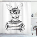 Ambesonne Cat Shower Curtain, Hand Drawn Dressed up Hipster New Age Cat Fashion Urban Free Art Print, Cloth Fabric Bathroom Decor Set with Hooks, 69" W x 84" L, Gray White