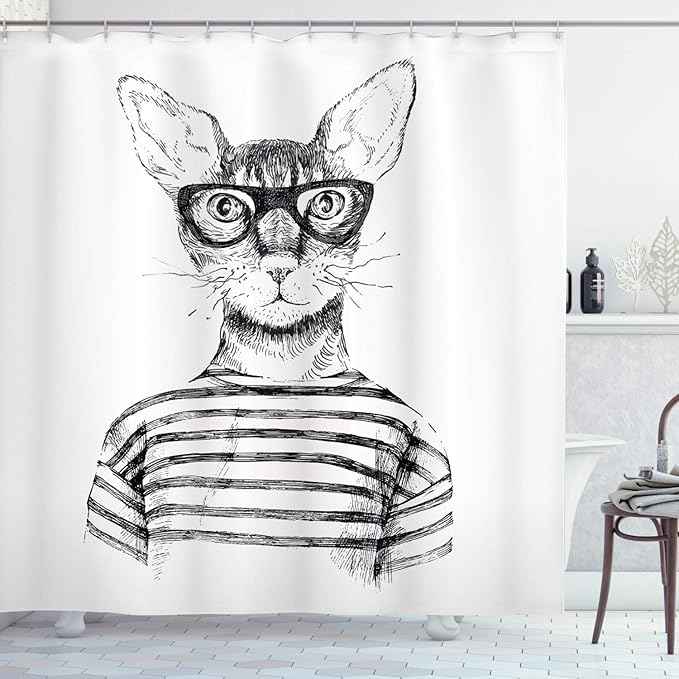 Ambesonne Cat Shower Curtain, Hand Drawn Dressed up Hipster New Age Cat Fashion Urban Free Art Print, Cloth Fabric Bathroom Decor Set with Hooks, 69" W x 75" L, Gray White