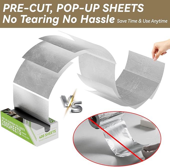 Aluminum Foil Sheets - 200 Count Pre Cut Tinfoil, 12" x 10.6" Inch Pre Cut Foil Sheets for Food, Hot Dog or Sandwich Wrap, Food Storage, Baking, Catering, Restaurant, Kitchen Use
