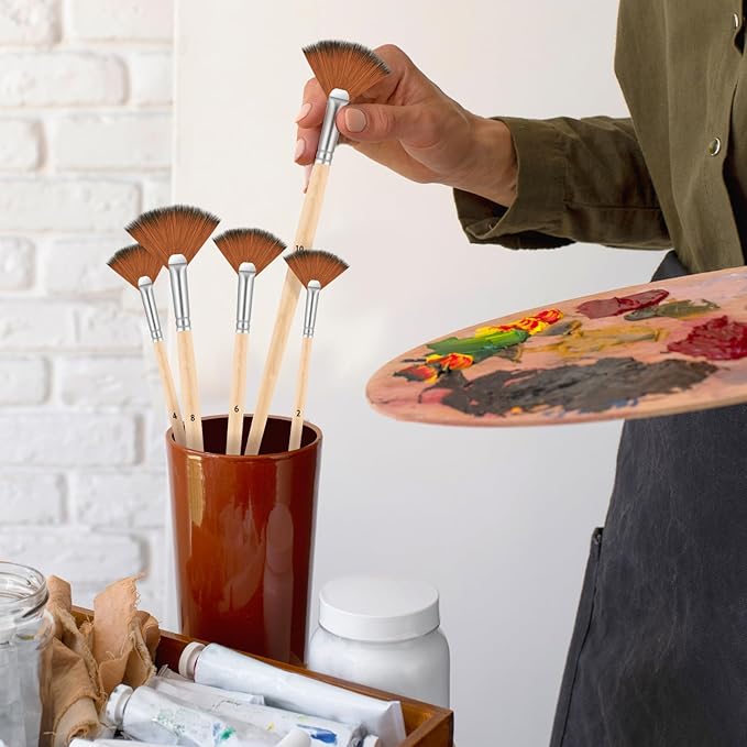 Fan Brush for Painting, 5 Pcs Artist Fan Paint Brushes Professional Anti-Shedding Nylon Hair Painting Brush with Long Wood Handle Drawing Supplies for Watercolor Oil Acrylic Painting
