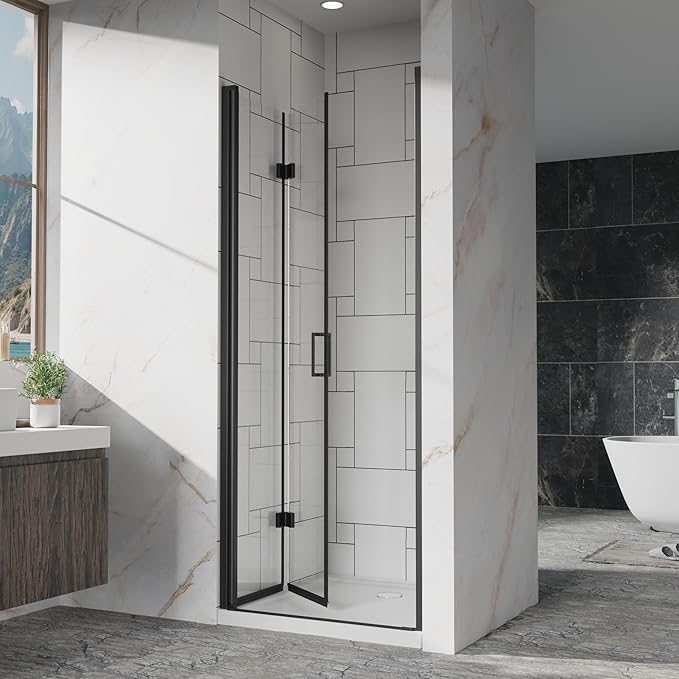 Frameless Bi-Fold Shower Door 30" W x 72" H, 1/4" Clear Tempered Glass, Folding Swing Design, Reversible Installation, Black Finish, Space-Saving Glass Shower Door for Small Bathrooms