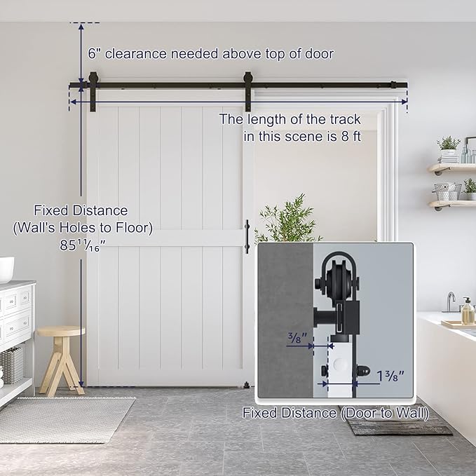 SmartStandard 48 x 84 inch White Sliding MDF Barn Door with 8FT Black Sliding Door Hardware Kit & Handle, Pre-Drilled Ready to Assemble, Waterproof PVC Coating, H-Frame