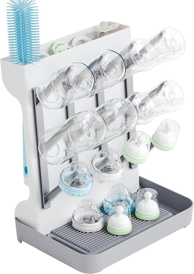 SuoXing Vertical Baby Bottle Drying Rack,Space Saving Countertop Baby Drying Rack for Bottles,Large Baby Bottle Station Stand,Bottle Rack Dryer for Brushes,Pacifiers,Baby Accessories Organizer,Grey
