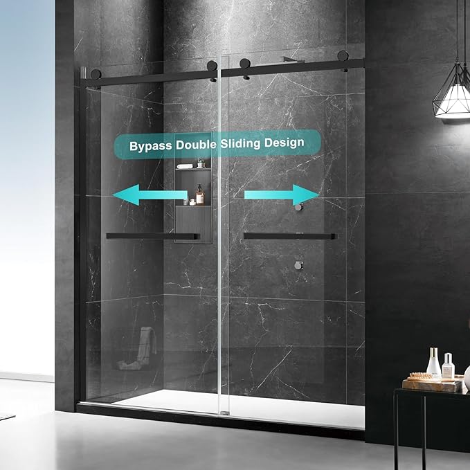 Milano Double Sliding Shower Door, 44-48 in.W x 74 in.H Framed Shower Door 5/16"(8mm) Clear Tempered Glass, 18 inch Pull Handle, Stainless Steel Hardware, Matte Black Finished