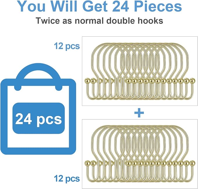 24 Pack Double Shower Curtain Hooks Rings, TENOVEL Double Sided Shower Curtain Hooks Rust Proof for Shower Curtain, Stainless Steel Bathroom Shower Hangers Rings for Shower Rods, Gold
