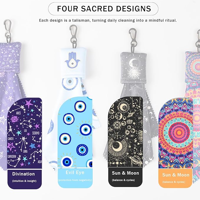 Glasses Cleaning Cloth, 4PC Microfiber Lens Cloth Keychain,Positive Energy Balance - Evil Eye, Mandala , Sun Moon, Divination Symbols for Positive Aura, Protection & Focus, Double Sided Printing