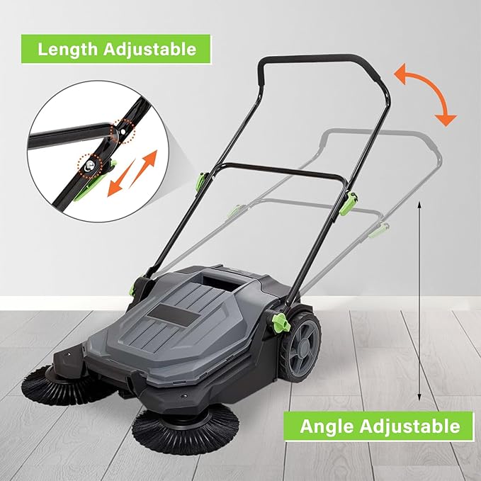 Walk-Behind Hand Push Floor Sweeper, 25.6" Sweeping Width Floor Sweeper Manual Non-Electric, 5-Gallon Waste Container, Angle & Height Adjustable Folding Handle for Walkway, Yard, Garage, Patio (25.6")