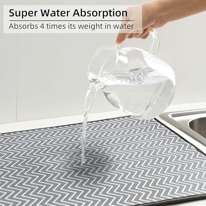 SUBEKYU Dish Drying Mat for Kitchen Counter, Microfiber Absorbent Dishes Drainer/Rack Pads under Sink, 19.6 by 16.1 inches, Set of 2, Grey, Ripple