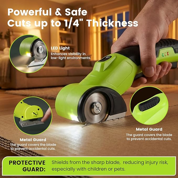 Electric Scissors & Cardboard Cutter, 4V Cordless Power Box Cutter for Recycling - 2000mAh Rechargeable Battery -Rotary Cutter Tool for Fabric, Carpet & Leather -Includes 3 Blades & Storage Bag