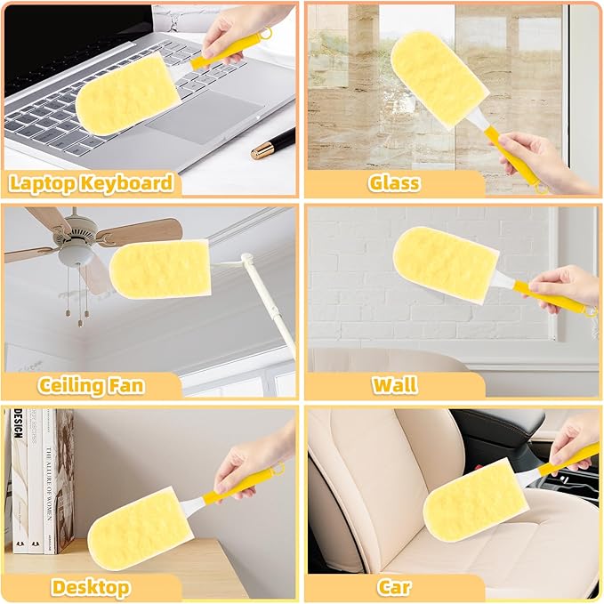 Heavy Duty Dusters Refills, Disposable Dusters Kit Compatible with Swiffer Handles, Multisurface Dusters+1 Extended Handle +1 Handle (Yellow, 360°)