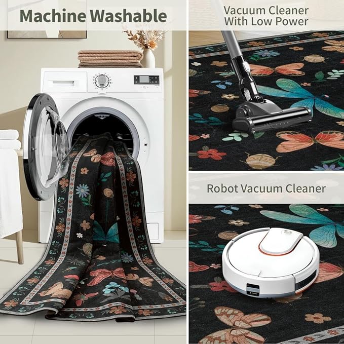 2x6 Floral Runner Rug, Washable Runners for Hallways, Black Vintage Boho Kitchen Rugs, Non Slip Hallway Runner Carpet for Indoor Hallway, Kitchen, Laundry Room and Bathroom(Black 2x6ft)