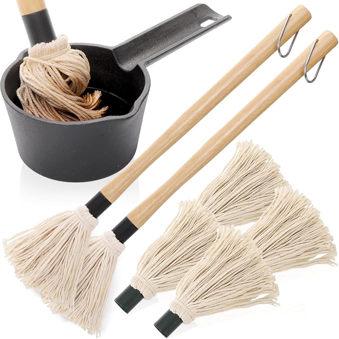 Cast Iron Sauce Pot and BBQ Mop Brush Set for Grilling, 7 Pcs Barbecue Accessories Include Basting Melting Saucepan, Wooden Sauce Mop with 4 Replacements for Meat Smoker, Grill, Stove