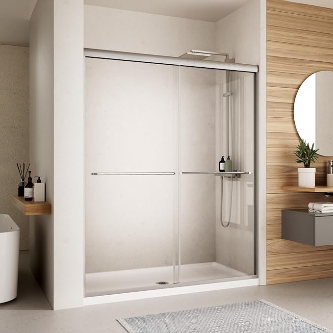 Shower Door,56-60" W x 70" H Semi-Frameless Double Sliding Glass Shower Door with 1/4'' (6mm) Clear SGCC Tempered Glass,Bypass Shower Enclosure,Brush Nickel
