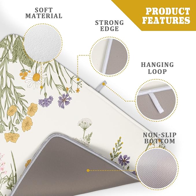 Khope Spring Dish Drying Mat for Kitchen Counter 18x24 Inch Sage Green Wild Flower Plant Reusable Washable Drying Pad Countertop Home Decor