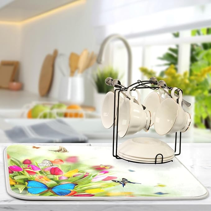 Tarity Colorful Tulip Butterfly Dish Drying Mat for Kitchen Counter Absorbent Heat Resistant Microfiber Dishes Drainer Mat 16x18 in Dish Pad Sink Mat Protective Pad Kitchen Decor