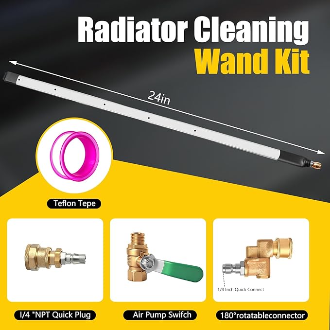 24” Radiator Cleaning Wand - 4500 PSI Water & Air Dual-Use Tool for Pressure Washers. Includes 180° Fan Nozzle, Quick Connect Couplers & Brush for Cars, Trucks, Heavy Equipment