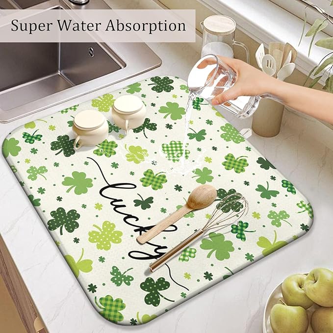 St. Patrick's Day Dish Drying Mat for Kitchen Counter, Green Four-Leaf Clover Microfiber Drain Mat, Shamrock Rug, Washable and Absorbent,16 x 18Inch