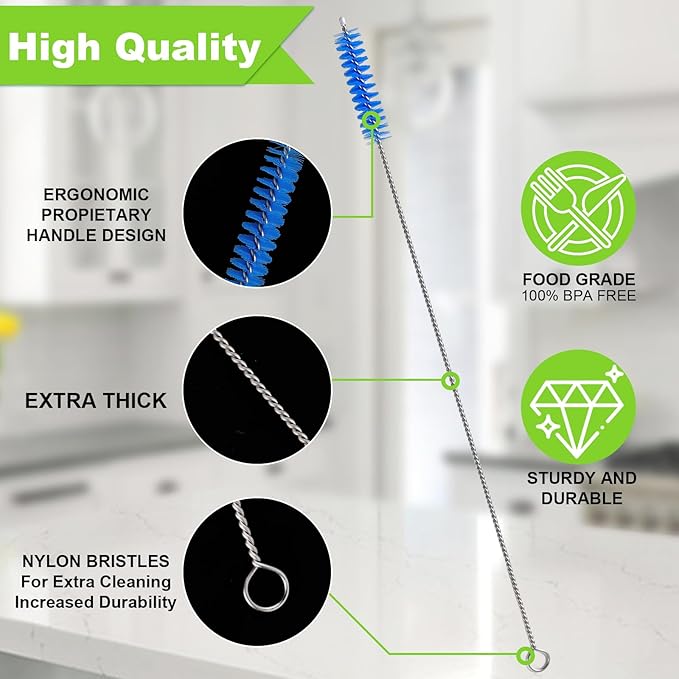 Straw Cleaner Brush for Stanley, 12 Inch Extra Long Straw Brush Cleaner (8-Pack) Includes 2 Reusable Glass Straws for 40 oz Tumbler and Water Bottle, Durable & Rust Resistant