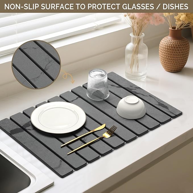 Large Stone Dish Drying Mat for Kitchen Counter, 2PCS Quick Dry Stone Dishes Mat,Foldable Water Absorbing Diatomaceous Drying Organizer Pad for Plate Rack Bottles Utensils(Dark Gray 24"×16" & 8"x4")