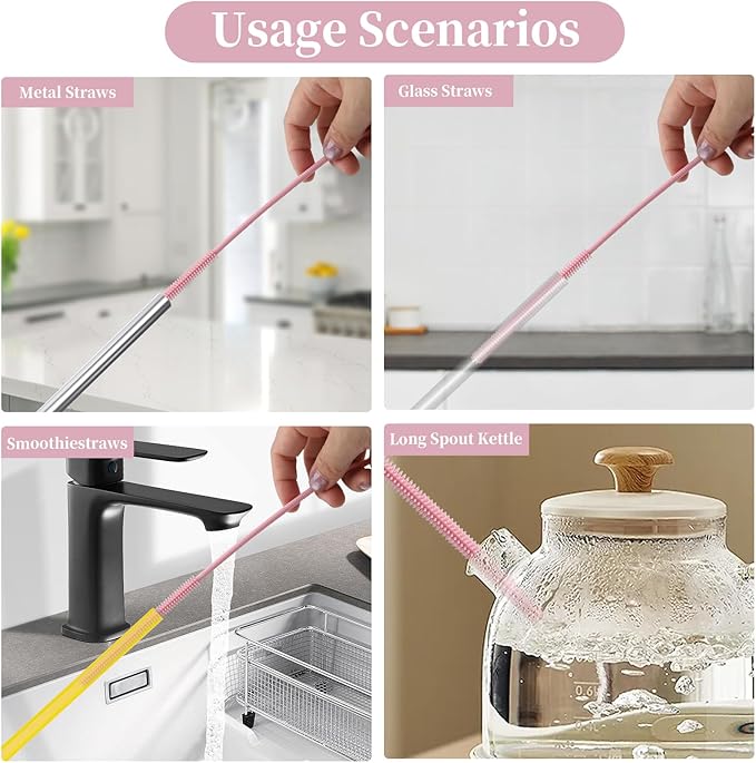 2Pcs silicone straw cleaning brushes, extra long, used for Cleaning Glass Metal Smoothie Straws and StrawCups,Non-slip Handle Soft and Bendable, 6mm+9mm. (Pink)