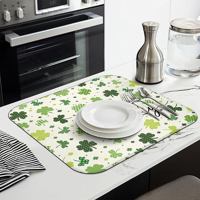 St. Patrick's Day Dish Drying Mat for Kitchen Counter, Green Four-Leaf Clover Microfiber Drain Mat, Shamrock Rug, Washable and Absorbent,16 x 18Inch