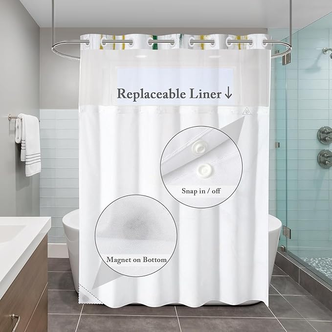 No Hook Shower Curtain with Snap in Liner, Hotel Style Dark Green White Gold Brush Strokes Art Modern Shower Curtain Waterpoof Washable with See Through Top Window,71"x71"