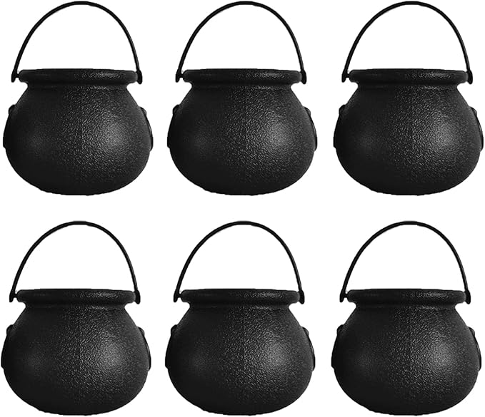 Mini Plastic Cauldron and Mini Broom Halloween Decorations Witch Pot Black Buckets for Halloween Party Birthday St.Patrick's Day, DIY Crafts Accessories (6Pcs Black Buckets+6Pcs Broom Sticks）