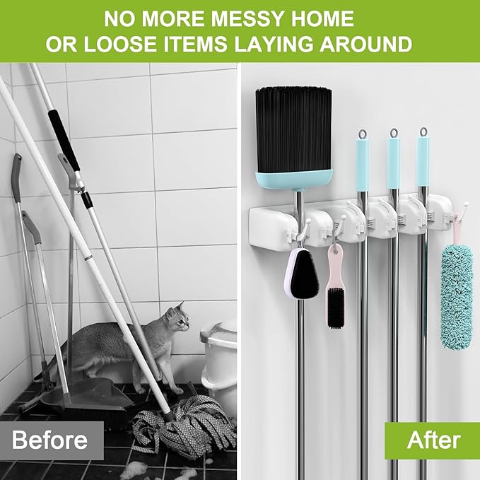 LETMY Broom Holder Wall Mount - Mop and Broom Hanger Holder - Garage Storage Rack & Garden Tool Organizer - 5 Position 6 Hooks Broom Rack for Home, kitchen, Garden, Tools, Garage Organization - White