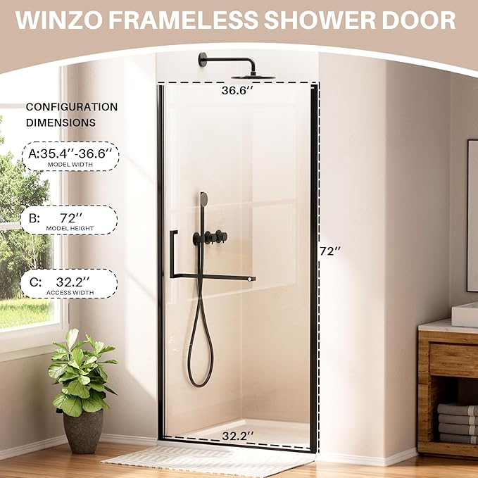 WinZo 35-36" W ×72" H Frameless Pivot Shower Door, Pivot Swing Shower Glass Doors with 1/4"(6mm) SGCC Clear Tempered Glass,Explosion-Proof Film, Reversible Installation, Matte Black