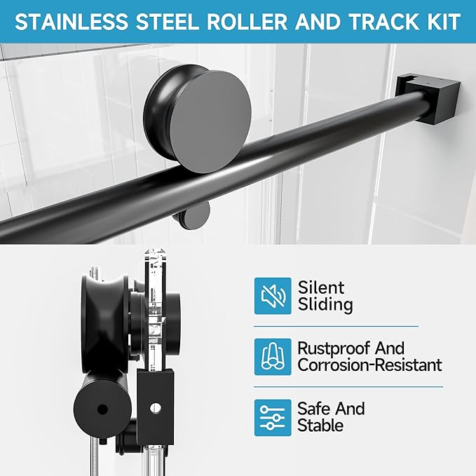 56-60" W x 60" H Frameless Bathtub Sliding Door, 5/16"(8mm) Tempered Glass Tub Shower Door with Explosion-Proof Film and Nano-Coated, Heavy Duty Stainless Steel Components, Matte Black