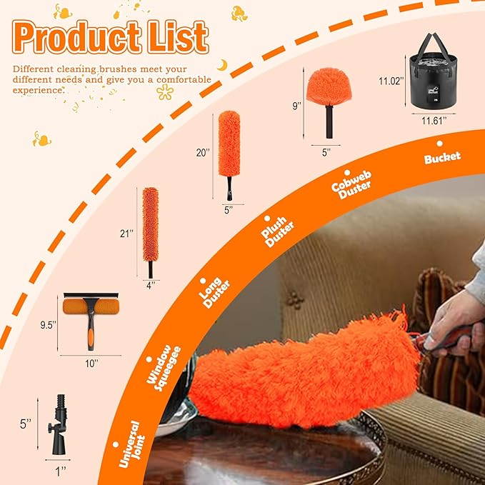 30FT High Reach Duster Cleaning Kit with Extension Pole, High Ceiling Fan Cleaner Duster Tool for Fan Blades, Window Washing Kit with Microfiber Feather Duster & Window Squeegee & Bucket