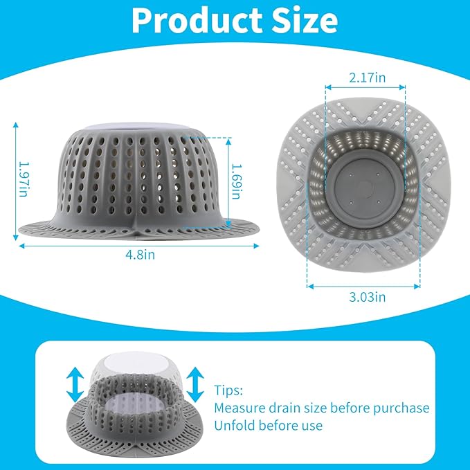 2 Pack Bathtub Drain Hair Catcher for Dog Hairs, Silicone Shower Hair Catcher, Dog Hairs Drain Protector for Pop-Up and Regular Drains of Shower, Tub, Bathroom and Sink, Grey