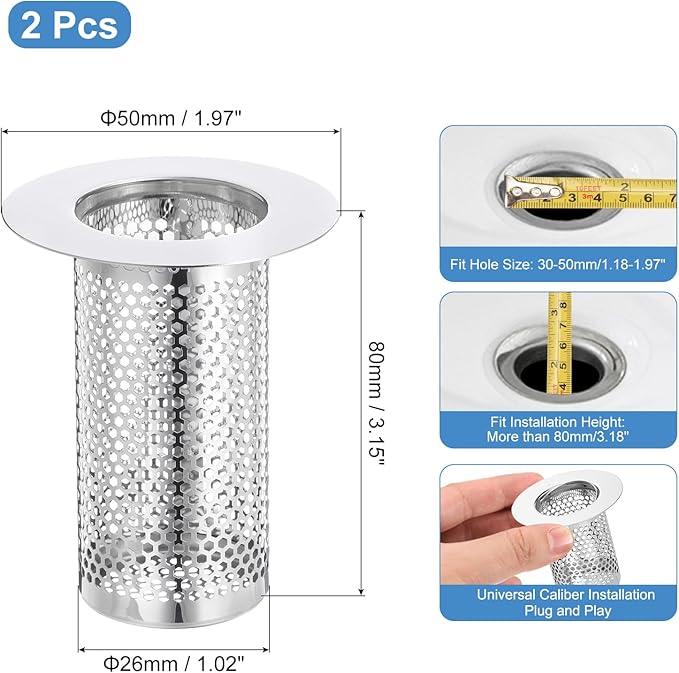 uxcell 2 Pack Shower Drain Strainer, 3.1" x 2" Stainless Steel Floor Drain Strainer Deep Sink Hair Catcher for Kitchen Bathroom Balcony Floor Drain, Fit Hole Size from 1.18" to 1.97"