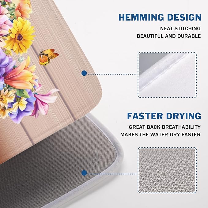 Spring Colorful Flowers Dish Drying Mat for Kitchen Counter,Vintage Plants Mason Jar Butterflies Drying Mat 18 x 24 Inch with Absorbent Reversible Microfiber Dish Drying Pad for Coffee Bar