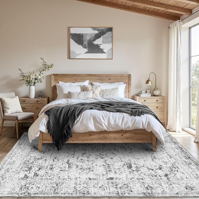 Area Rugs 5x7, Washable Grey Rugs for Living Room, Bedroom, Vintage Boho Indoor Soft Carpet for Dining Room, Low Pile Rugs for Office, Farmhouse