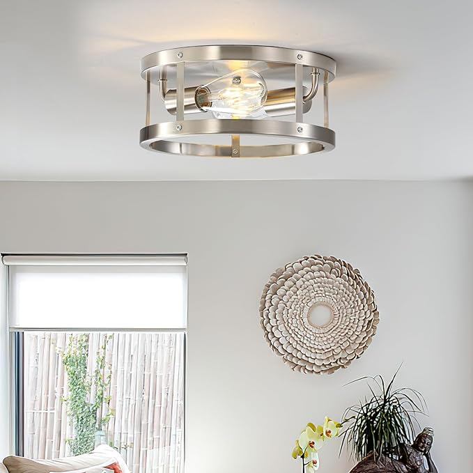 2-Light Industrial Flush Mount Ceiling Light Fixture,Brushed Nickel Farmhouse Ceiling Light Fixture,Modern Light Fixtures Ceiling Mount for Kitchen Bedroom Living Room Hallway 1 Pack