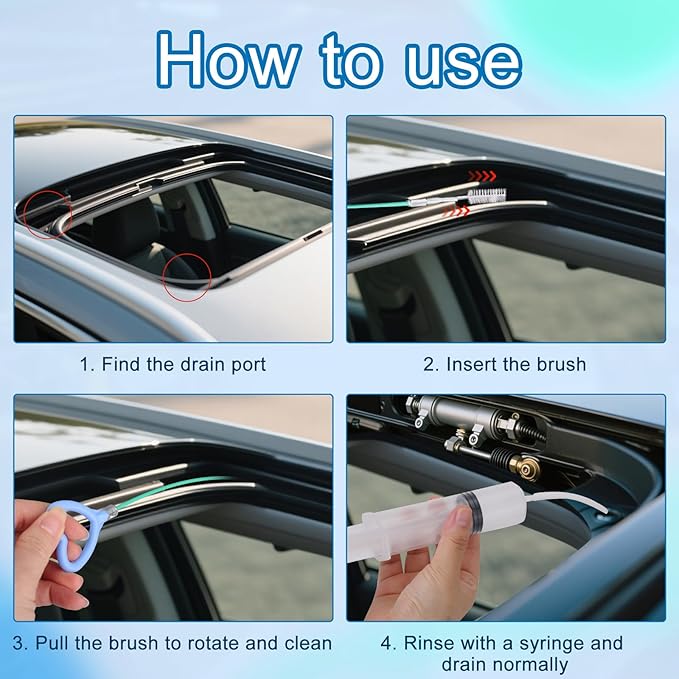5pcs Sunroof Drain Cleaning Tool Kit, Long Pipe Cleaner Drain Unclogger with 1 Syringe Hose 2 Clean Brush 1 Syringe for Auto Car Sunroof Windshield