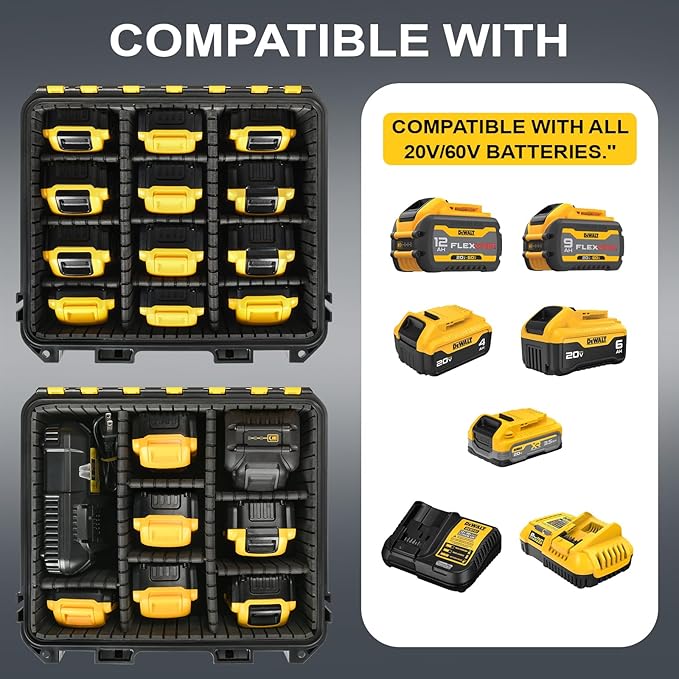 Storage Case for Dewalt Battery - Waterproof Hard Shell Tool Bag with 9 Adjustable Dividers for 8v/12v/18v/20v Max XR Battery & Chargers, Organizer Box for Dewalt/Milwaukee Battery (Case Only)