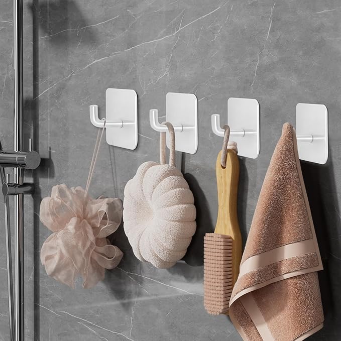 Adhesive Hooks for Bathrooms, 4 Piece Towel Hooks for Hanging Hat Robe Coat, Stick on Hooks for Kitchens, Strong Self-Adhesive No Damage Waterproof Stainless Steel Sticky Hook (White)